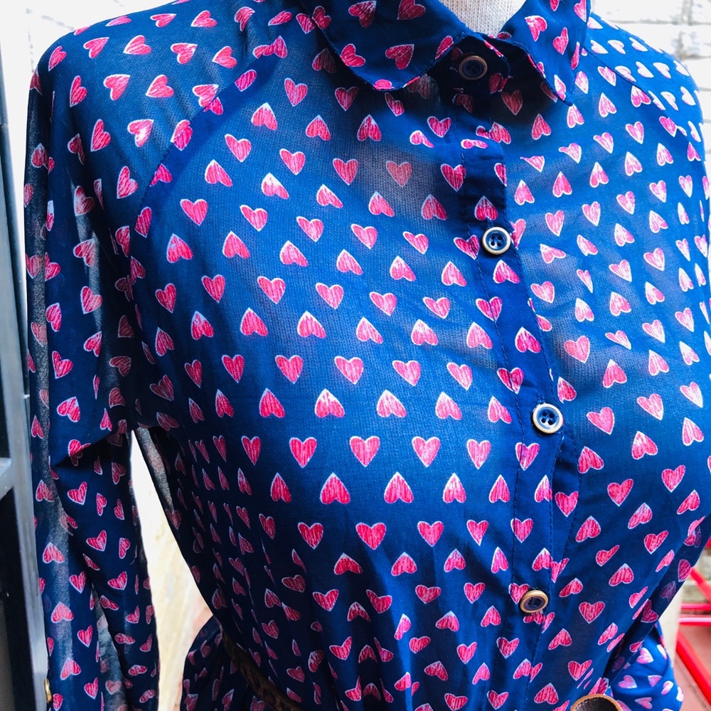 Sheer Navy With Red Heart Button Up Top - image 1